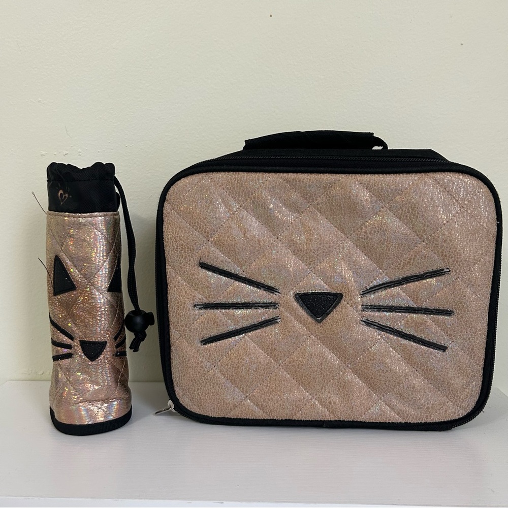 Justice Cat Face Lunchbox with Matching Bottle Holder – Shimmery Gold/Black